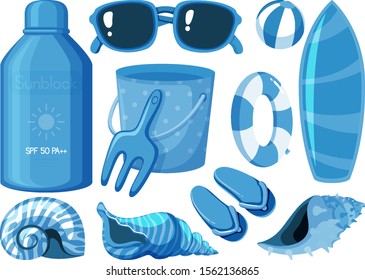 Isolated of summer items in blue color illustration