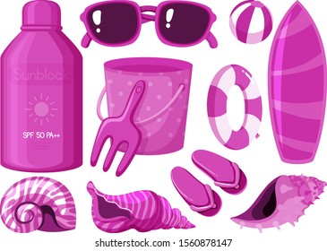 Aislados de elementos de verano en la ilustración de color rosa