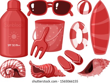 Elementos de verano aislados en la ilustración de color rojo