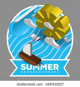Isolated summer label with a 3d vessel on the ocean - Vector