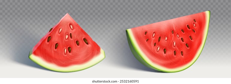 Isolated summer red watermelon slice vector icon. 3d realistic water melon drawing illustration design. Juicy and bright pink texture of tropical food. Sweet and ripe vitamin berry harvest graphic set