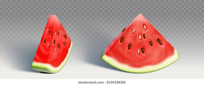 Isolated summer red watermelon slice vector icon. 3d realistic water melon drawing illustration design. Juicy and bright pink texture of tropical food. Sweet and ripe vitamin berry harvest graphic set