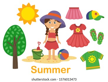 isolated summer  set with girl, tree and clothes - vector illustration, eps    
