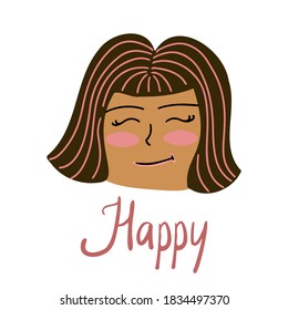 Isolated summer vector illustration of a young girl face with short brown hair with text happy on white background. The design is perfect for stickers, packages, decorations, textiles, surfaces