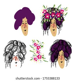 Isolated summer vector set faces of a young girl in different styles, lines, spots and mixed with garland of rose flowers. The design is perfect for stickers, packages, decorations, textiles, surfaces