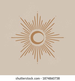 Isolated Sun Moon Vector Illustration With Textured Background. Bohemian Symbol Sign Poster, Print, Cocial Media Banner