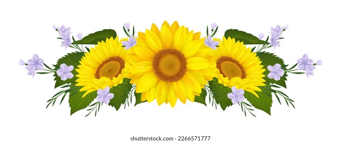 Isolated sunflowers, wedding flower bouquet. Yellow petals, single floral daisy composition for border or frame, colorful summer garden 3d nature element. Vector neoteric realistic design