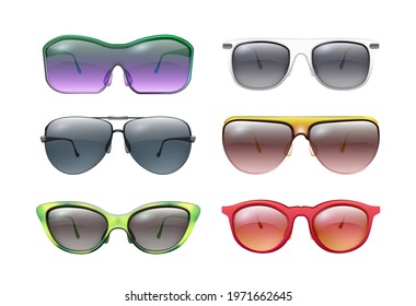 Isolated sunglasses. Colorful sunglass, realistic bright frames. Plastic metal rim, summer face protection fashion accessories vector collection