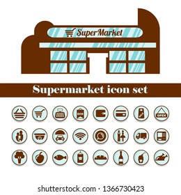 Isolated supermarket icon set in brown on white background. Layout of the building. A set of shopping icons illustrate the work of a supermarket, group of productsservices and facilities for buyers. 