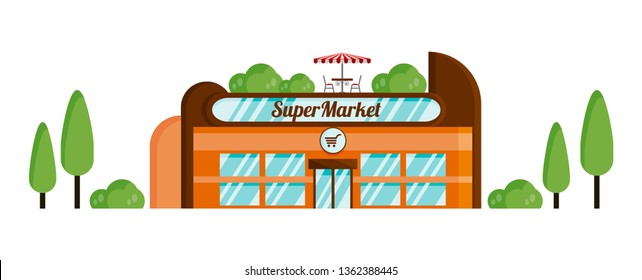 Isolated supermarket object with summer cafe on the roof on a white background. Infrastructure of a large modern city. Trees and shrubs. Flat vector