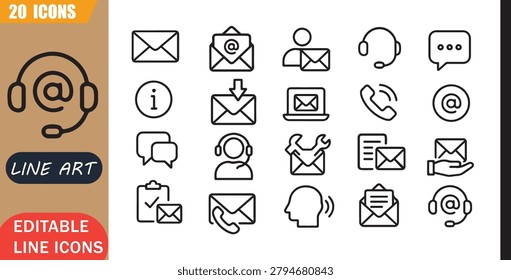 Isolated support mail icons set, 20 editable line art icons set, email supportmail customerservice, communication help inquiry, contact assistance response, service theme style, clean outline vector