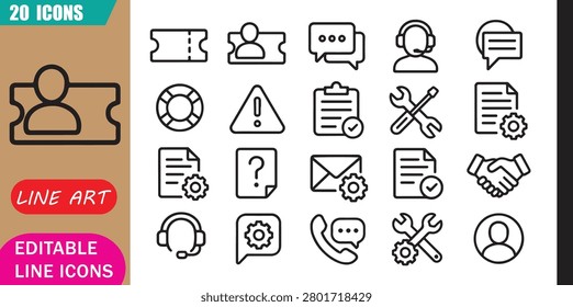Isolated support ticket icons set, 20 editable line art icons set, support ticket, customer service helpdesk, issue request assistance, service management communication, theme style, clean vector