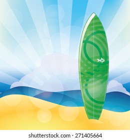 Isolated surfboard on a colored background. Vector illustration