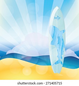 Isolated surfboard on a colored background. Vector illustration