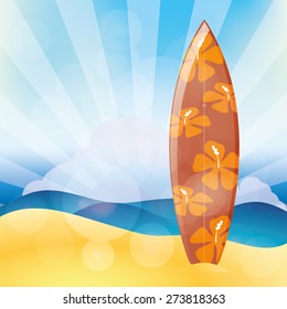 Tabla de surf aislada sobre un fondo coloreado. Ilustración vectorial