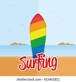 Isolated surfboard with a rainbow sketch on the beach
