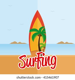 Isolated surfboard with a sketch of a palm tree on the beach