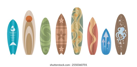 Isolated surfboards. Various cartoon surfing board tables set vector illustration