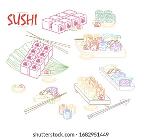 Isolated sushi icon set of different types of rolls with wasabi soy ginger. Delicious vector collection for restaurant and bar menu, booklets or prints