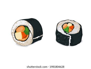 Isolated Sushi on white background. vinegared rice, salt and sugar roll with  seaweed. Close up food drawing vector illustration. Japanese anime food.   