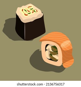 Isolated sushi on a white background for logos, banners, posters. Beautiful illustration of Japanese food. Trendy traditional cuisine. Bright illustration of sushi.