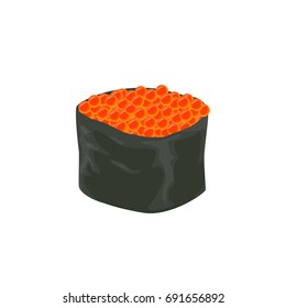 Isolated sushi roll with caviar on white background.