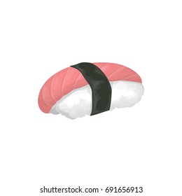 Isolated sushi roll with fish and rice on white background.