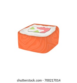 Isolated sushi roll with fish and vegetables on white background.