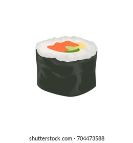 Isolated sushi roll with fish and vegetables on white background.