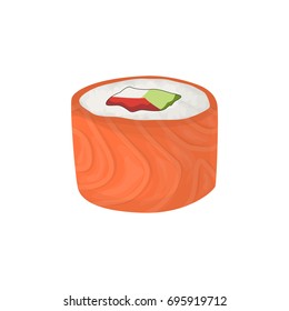 Isolated sushi roll with salmon and vegetables on white background.