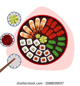 Isolated sushi set on red plate with soy sauce and chopsticks on simple background. Food vector drawing illustration. realistic vector. Asian ,Japanese menu. 