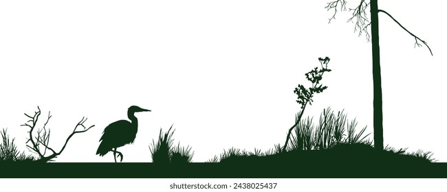 Isolated swamp silhouette. Marsh scene. Black drawing of heron and fen plants. Forest landscape with bird into old pond. Nature horizontal banner. Bog art template. Vector illustration