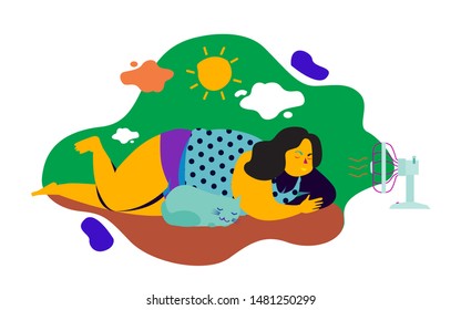 Isolated sweating fat girl and her cat cooling herself with fan vector illustration and decorative element for summer and hot weather. Flat style vector design illustrations.
