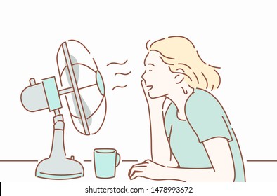 Isolated sweating girl cooling herself with fan, vector illustration and decorative element for summer and hot weather. Hand drawn style vector design illustrations.