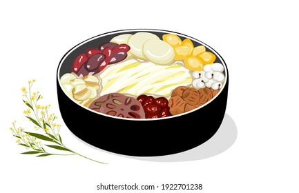 Isolated Sweet noodles with lotus roots, lotus seeds, Ginkgo Biloba seeds, millets, water chestnuts, longans, red bean and jujubes. Food vector on white background.