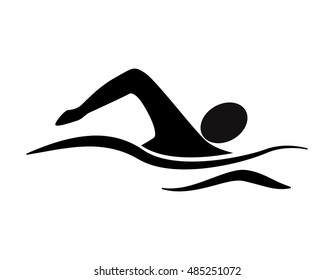 Isolated swim icon. Black silhouette of man swimming in the waves. Concept of swimming pool, summer competition and more.