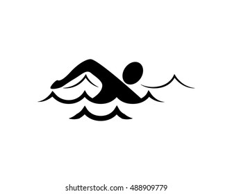 Isolated swim icon. Black silhouette of man swimming in the waves. Concept of swimming pool, summer competition and more.
