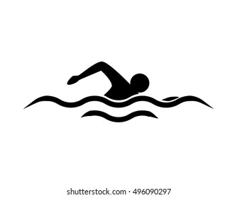 Isolated swim icon. Black silhouette of man swimming in the waves. Concept of swimming pool, summer competition and more.