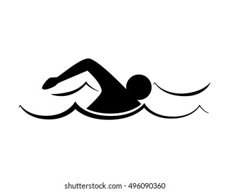 Isolated swim icon. Black silhouette of man swimming in the waves. Concept of swimming pool, summer competition and more.