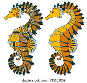 Isolated swimming sea horse with high detail. Illustration in tracery style. Sketch for tattoo, poster, print, t-shirt in zendoodle style. Vector.