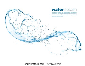 Isolated swirl transparent realistic water splash with drops. Vector liquid wave flow, splashing swirl aqua dynamic motion with spray droplets, fresh drink transparent whirl wave