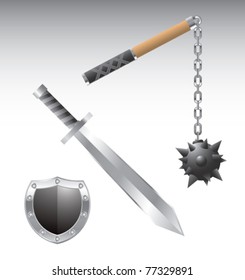 Isolated sword, shield, and mace