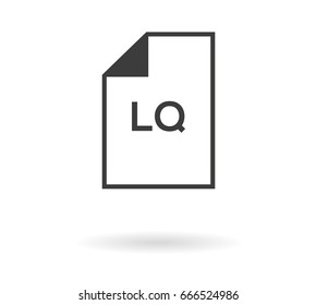 Isolated symbol of file with LQ text - high quality, e. g. for download file (video, multimedia) in low quality, or lq picture, etc., black outline with shadow on white background, isolated
