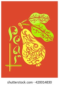 Isolated symbol in the form of yellow pears with green leaves on a colored background