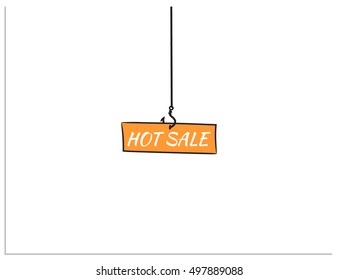 Isolated symbol of the hook on which the bait is available. The sign contains the inscription Hot sale. Vector icon Illustration of a flat design.