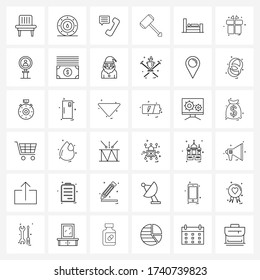 Símbolos aislados Conjunto de 36 iconos simples de línea de cama; libra; donación; mallet; Ilustración del vector de llamadas telefónicas
