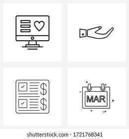 Conjunto de símbolos aislados de 4 iconos de línea simples de monitor; financiación; ensayo; seguro; ilustración de vectores de dinero