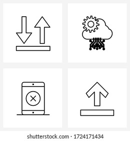Conjunto de símbolos aislados de 4 iconos simples de línea de entrega; dispositivo; suministro; engranaje; ilustración del vector de teléfono