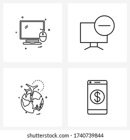 Símbolos aislados de 4 iconos de línea simples de monitor; viaje; ordenador; menos; Ilustración de vectores de banca en línea