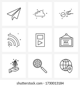 Isolated Symbols Set of 9 Simple Line Icons of play; music; sports; technology; net Vector Illustration